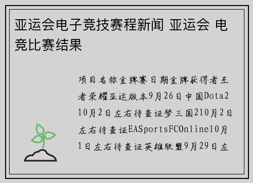 亚运会电子竞技赛程新闻 亚运会 电竞比赛结果